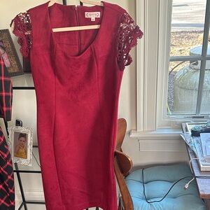 Nanette Lepore Burgundy Lace Sleeve faux suede Mini Dress